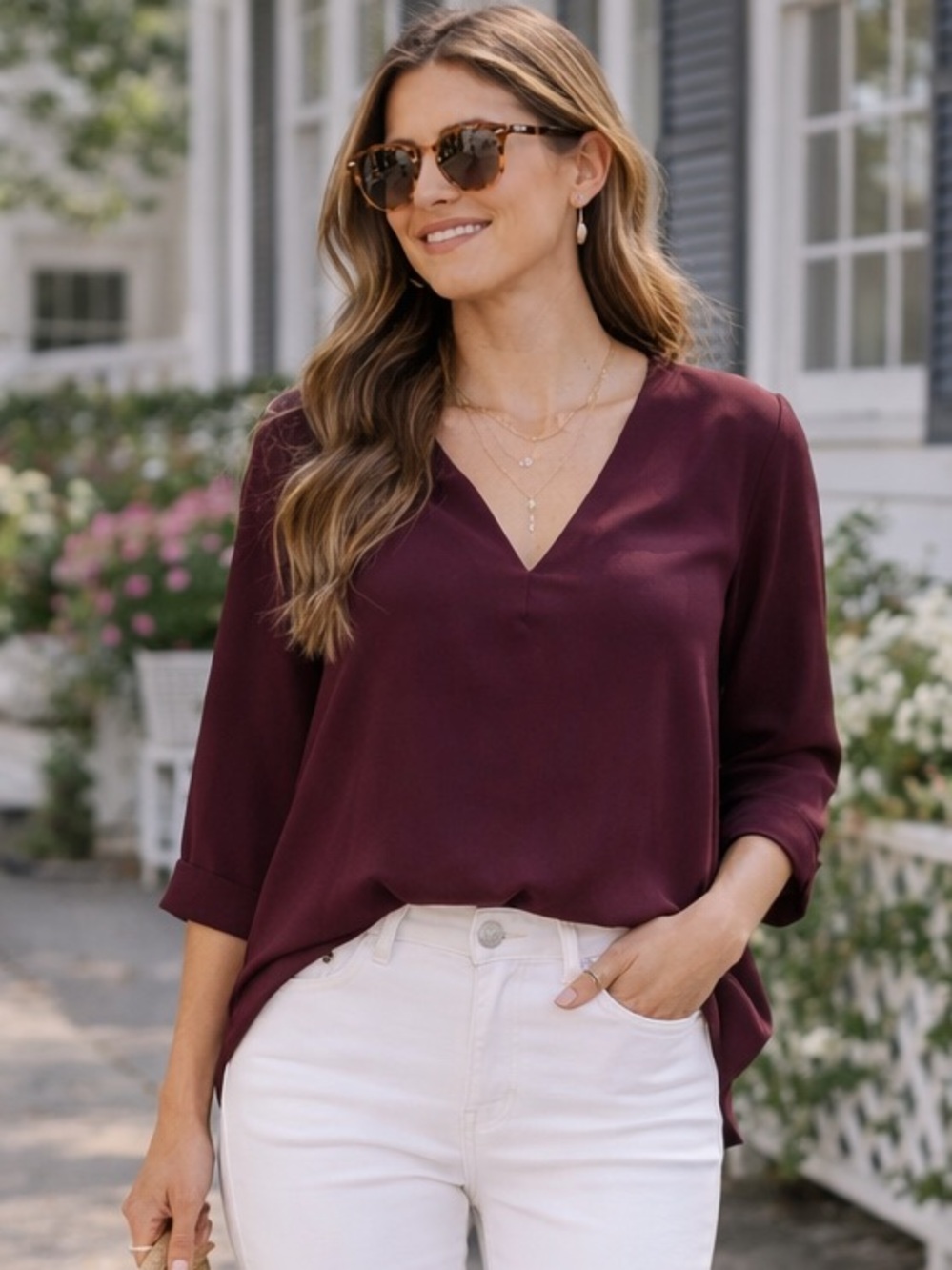 Burgundy 3/4 Sleeve Blouse Size S | V-Neck, Year-Round Staple